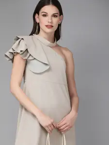 MISH Women Grey Solid One Shoulder A-Line Dress