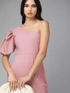 MISH Women Pink Solid One Shoulder Sheath Dress