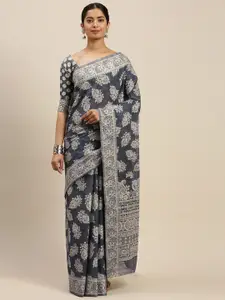 Saree mall Navy Blue & White Woven Design Muga Saree