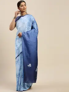 Saree mall Blue & White Printed Block Print Saree