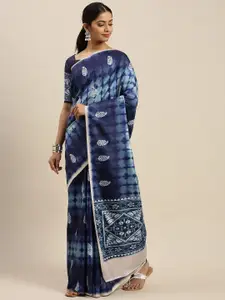 Mitera Blue & White Ethnic Motifs Print & Tie & Dyed Bagru Saree