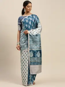 Mitera Blue & Off-White Ethnic Motifs Print Half and Half Bagru Saree