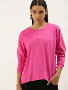DILLINGER Women Pink Printed Oversized Round Neck Boxy Regular Pure Cotton T-shirt