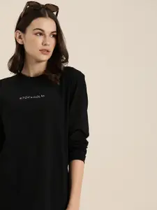 DILLINGER Women Black Printed Round Neck Oversized T-shirt