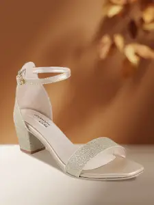 Shoetopia Women Cream-Coloured Embellished Block Heels