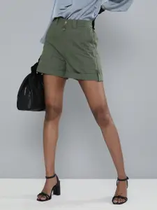 SASSAFRAS Women Olive Green Solid Regular Fit Pure Cotton Shorts
