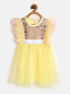 Bella Moda Girls Yellow & White Colourblocked Flip Sequinned Fit & Flare Dress with Tie-Up