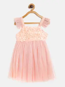 Bella Moda Girls Peach-Coloured Floral Embellished Fit and Flare Dress with Tie-Ups