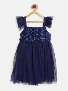 Bella Moda Girls Navy Blue Floral Embellished Fit and Flare Dress with Tie-Ups