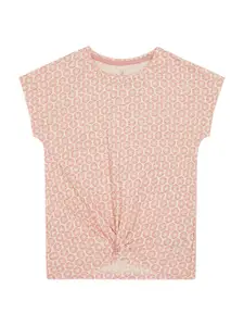 mothercare Girls Peach-Coloured Printed Knotted Design Round Neck Pure Cotton T-shirt
