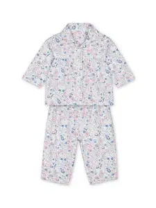 mothercare Infant Girls White & Pink Floral Print Pure Cotton Night suit