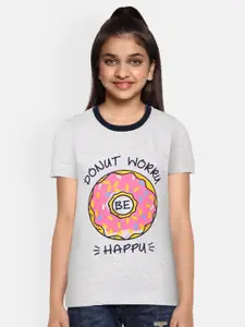 YK Girls Grey Melange & Pink Puff Sleeve Typography & Donut Print Regular Top