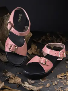 The Roadster Lifestyle Co Women Pink Solid Open Toe Flats with Buckle Detail
