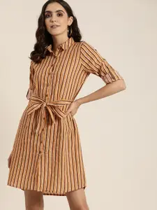 all about you Women Mustard Yellow & Brown Striped A-Line Dress