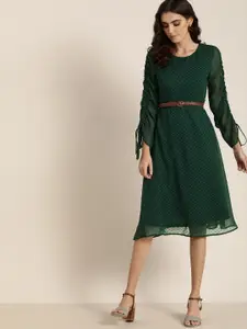 all about you Women Green Self Design A-Line Dress with Belt