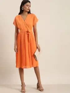 all about you Women Coral Orange Solid Accordion Pleated Wrap Dress
