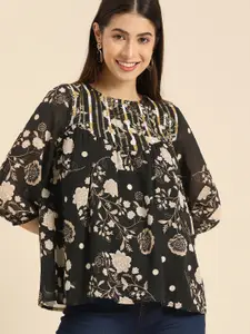 all about you Black & Pastel Floral Print Bishop Sleeves A-Line Top