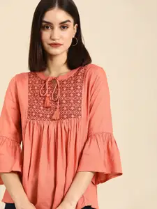 all about you Women Peach-Coloured Tie-Up Neck Bell-Sleeves Regular Top