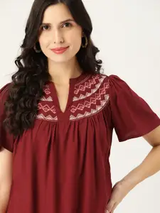 all about you Maroon Solid Regular Top With Embroidered Detail