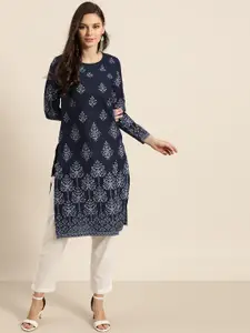 all about you Women Navy Blue & Off White Ethnic Motifs Printed Pure Cotton Indigo Kurta