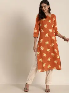 all about you Women Rust Orange & Off White Floral Printed Floral Kurta