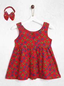 YK Infant Girls Red & Green Pure Cotton Floral Print A-Line Dress with Hair Band