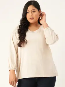 Rute Plus Size Cream-Coloured Puff Sleeves Smocked Pure Cotton Top