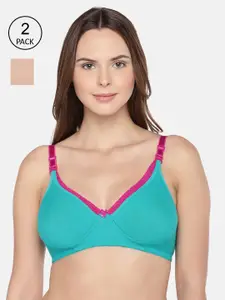 Inner Sense Pack of 2 Sea Green & Nude-Coloured Solid Non-Wired Non Padded Maternity Sustainable Bra