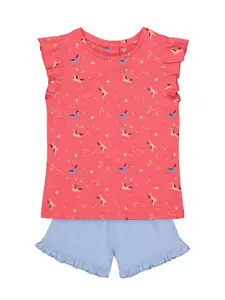 mothercare Girls Pink & Blue Printed Top with Shorts