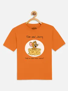Kids Ville Boys Orange Tom  Jerry Printed Round Neck Cotton Pure Cotton T-shirt