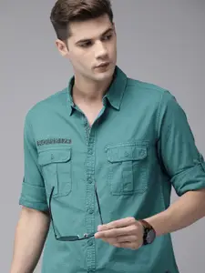 The Roadster Lifestyle Co Men Sea Green Cotton Casual Shirt