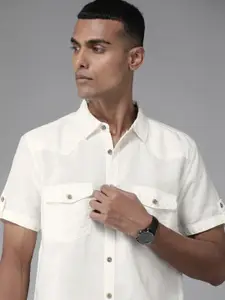 Roadster Men White Linen Cotton Solid Sustainable Casual Shirt