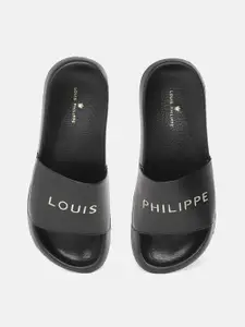 Louis Philippe Men Black & Gold-Toned Brand Name Embroidered Sliders