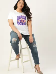 Sztori Women Plus Size White & Purple Minions Printed Drop-Shoulder Sleeves T-shirt