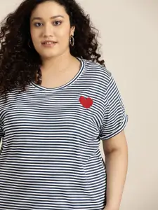 Sztori Plus Size Women White & Navy Blue Striped T-shirt