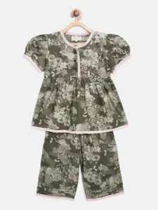 Cherry Crumble Girls Olive Green & Pink Floral Print Night Suit