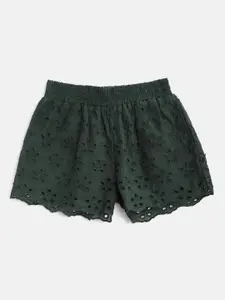 Cherry Crumble Girls Green Schiffli Embroidered Cotton Regular Fit Shorts