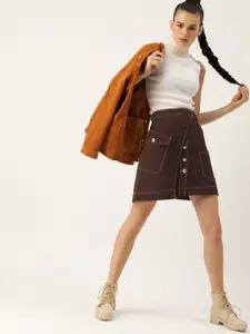 QUIERO Women Brown Solid Mini Layered A-Line Skirt