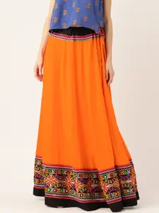 Vastraa Fusion Women Orange Pure Cotton Solid Maxi Flared Skirt with Embroidered Detail
