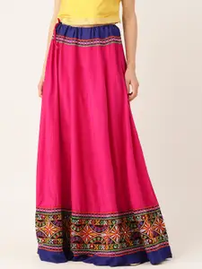Vastraa Fusion Women Pink Pure Cotton Solid Maxi Flared Skirt with Embroidered Detail