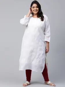 Ada Women Plus Size White Ethnic Motifs Chikankari Cotton Embroidered Straight Handloom Kurta