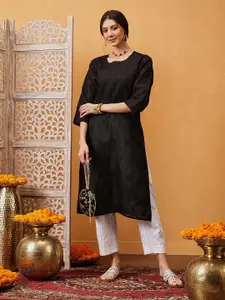 Ada Plus Size Women Black Ethnic Motifs Hand Embroidered Chikankari Straight Handloom Kurta