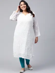 ADA Women Plus Size White Ethnic Motifs Chikankari Embroidered Georgette Handloom Kurta With Slip