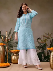 ADA Women Plus Size Blue & White Ethnic Motifs Embroidered Chikankari Handloom Kurta