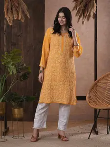 ADA Plus Size Women Mustard Yellow & White Chikankari Hand Embroidered Straight Handloom Kurta