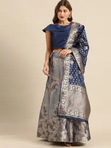 Shaily Grey & Navy Blue Woven Unstitched Lehenga & Semi-Stitched Blouse with Dupatta