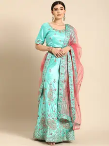 Shaily Sea Green & Pink Embroidered Semi-Stitched Lehenga & Unstitched Blouse with Dupatta