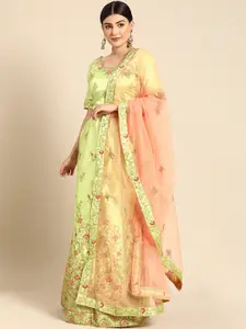 Shaily Green & Pink Embroidered Semi-Stitched Lehenga & Unstitched Blouse with Dupatta