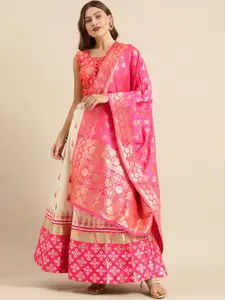 Shaily Off-White & Pink Woven Design Semi-Stitched Lehenga & Blouse with Dupatta