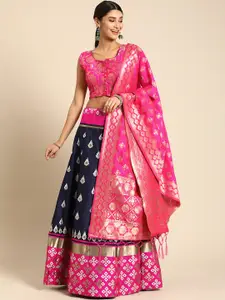 Shaily Pink & Navy Blue Woven Design Semi-Stitched Lehenga & Unstitched Blouse with Dupatta